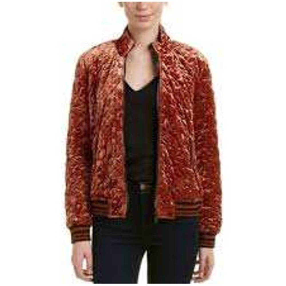 Bernardo Quilted Velvet Bomber Jacket Women Small Rust Orange Striped Trim